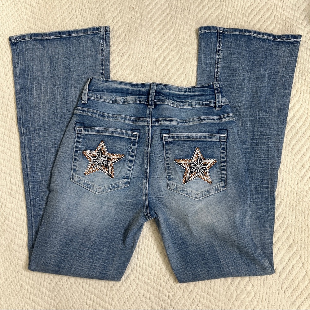 Flamingals Star Embroidered Blue Bootcut Jeans, Small